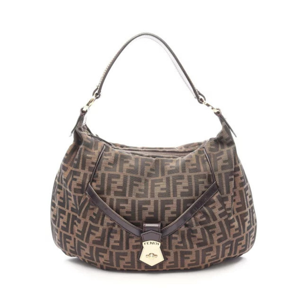 Fendi Zucca Shoulder Bag Canvas Leather Brown Black